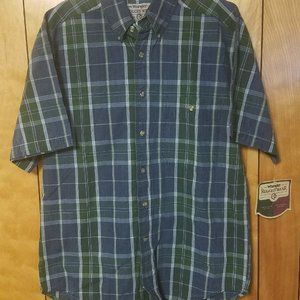 Wrangler Rugged Wear Mens Shirt MEDIUM Short Sleeve Shirt Button Up BLUE Gree B4